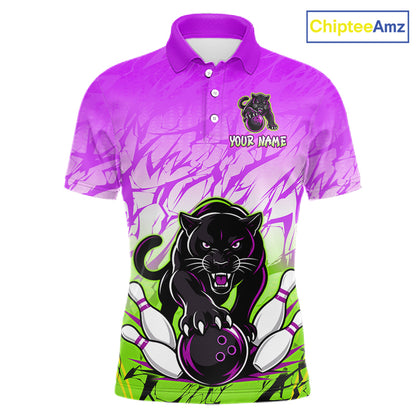 Front view of custom purple and green leopard bowling polo shirt for men