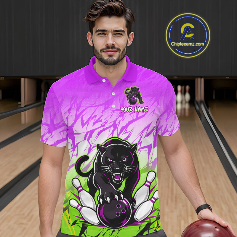 Bowler wearing custom purple and green leopard bowling shirt on the lanes