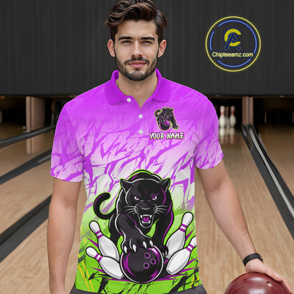 Bowler wearing custom purple and green leopard bowling shirt on the lanes