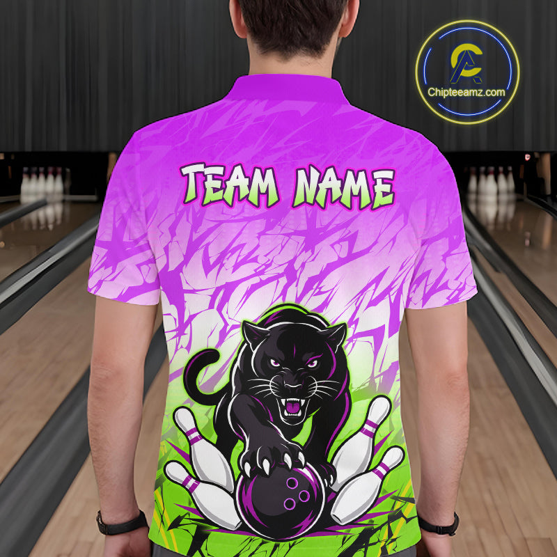Bowler wearing custom purple and green leopard bowling shirt on the lanes