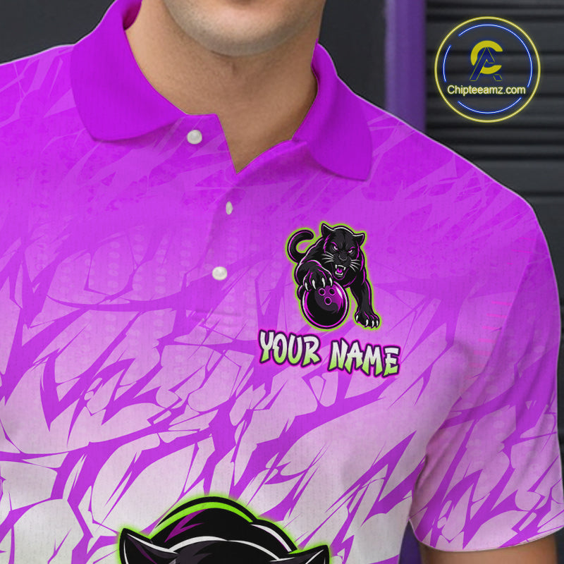 Bowler wearing custom purple and green leopard bowling shirt on the lanes