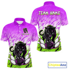 Load image into Gallery viewer, Front and back view of custom purple and green leopard bowling polo shirt for men