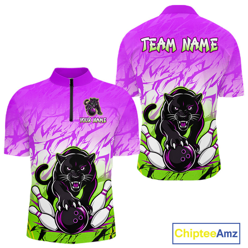 Front and back view of custom purple and green leopard bowling quarter zip shirt for men