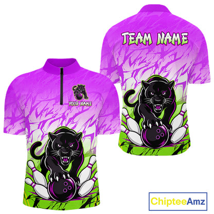 Front and back view of custom purple and green leopard bowling quarter zip shirt for men