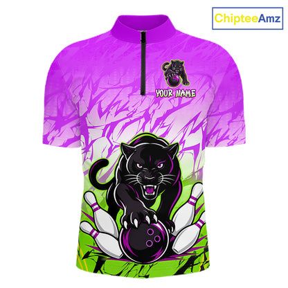 Front view of custom purple and green leopard bowling quarter zip shirt for men