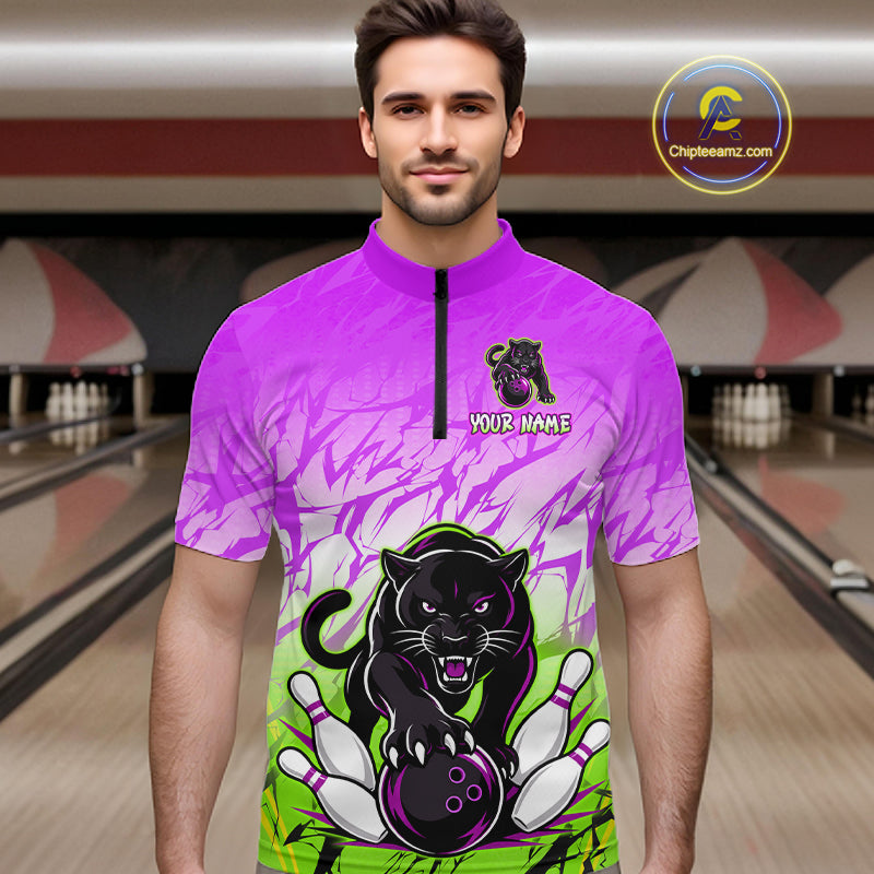 Bowler wearing custom purple and green leopard bowling shirt on the lanes