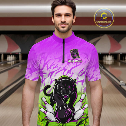 Bowler wearing custom purple and green leopard bowling shirt on the lanes