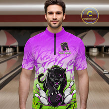 Load image into Gallery viewer, Bowler wearing custom purple and green leopard bowling shirt on the lanes