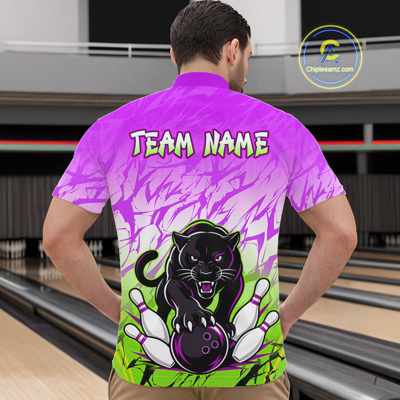 Custom Purple And Green Leopard Bowling Men Polo & 1/4 Quarter Zip Shirt, Bowling League Team Shirt NBT890
