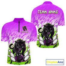Load image into Gallery viewer, Front and back view of custom purple and green leopard bowling quarter zip shirt for men