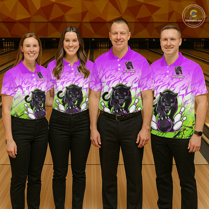 Bowling team wearing matching custom purple and green leopard league shirts with personalized names