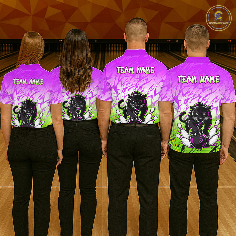 Bowling team wearing matching custom purple and green leopard league shirts with personalized names