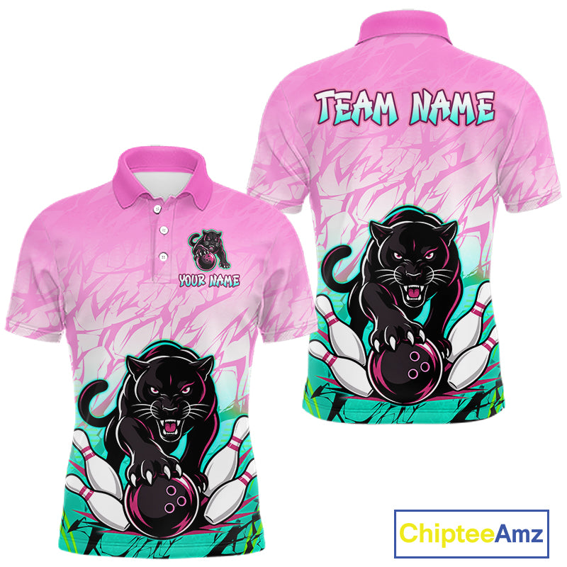 Front and back view of custom pink and turquoise leopard bowling polo shirt for men