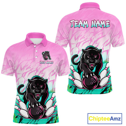 Front and back view of custom pink and turquoise leopard bowling polo shirt for men