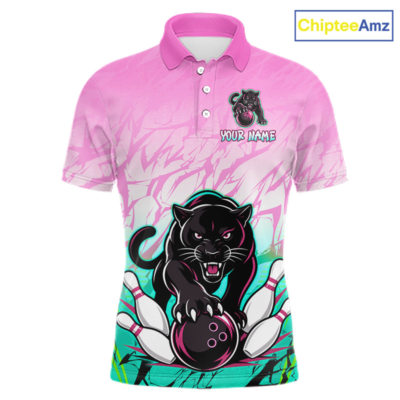 Front view of custom pink and turquoise leopard bowling polo shirt for men