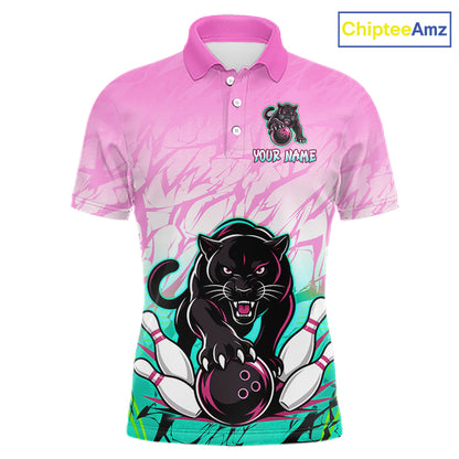 Front view of custom pink and turquoise leopard bowling polo shirt for men