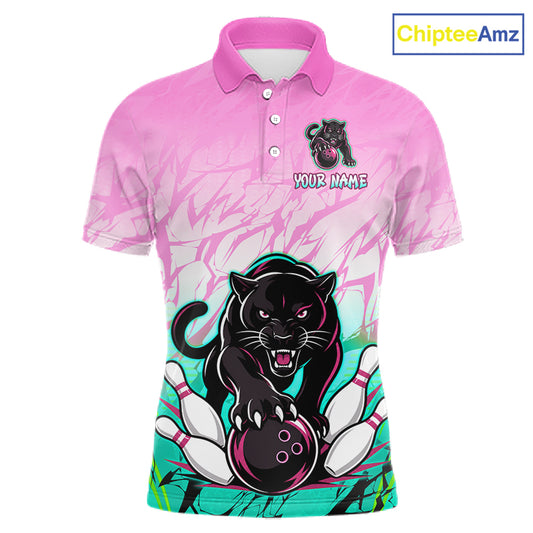 Front view of custom pink and turquoise leopard bowling polo shirt for men