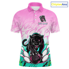Load image into Gallery viewer, Front view of custom pink and turquoise leopard bowling polo shirt for men