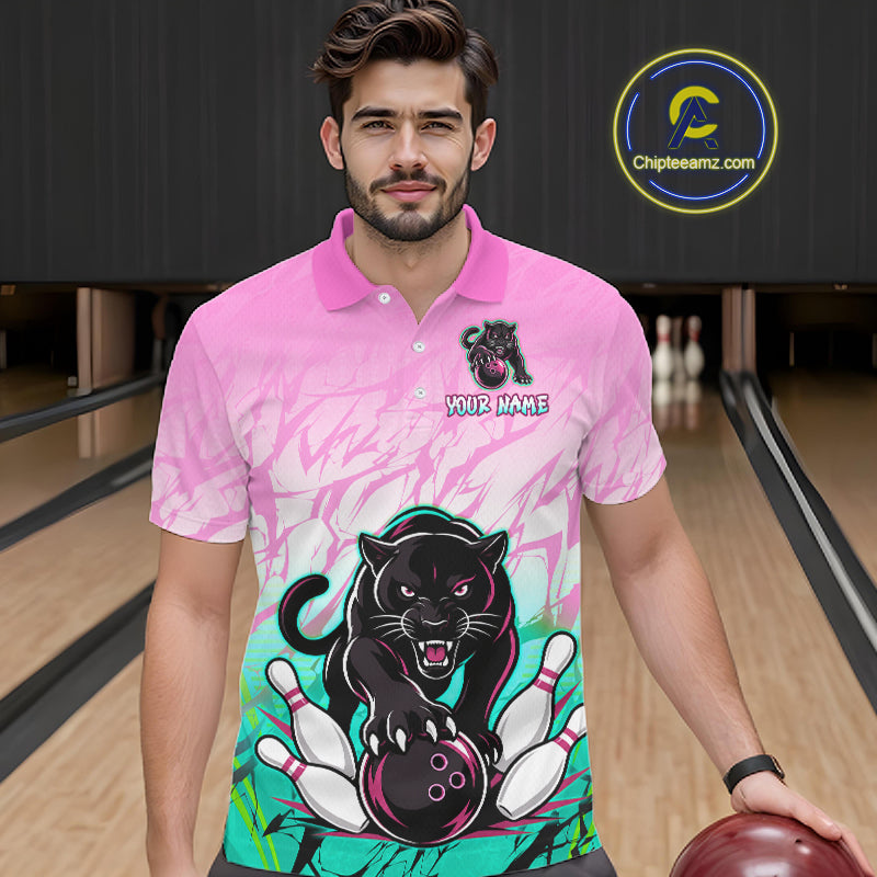 Bowler wearing custom pink and turquoise leopard bowling shirt on the lanes
