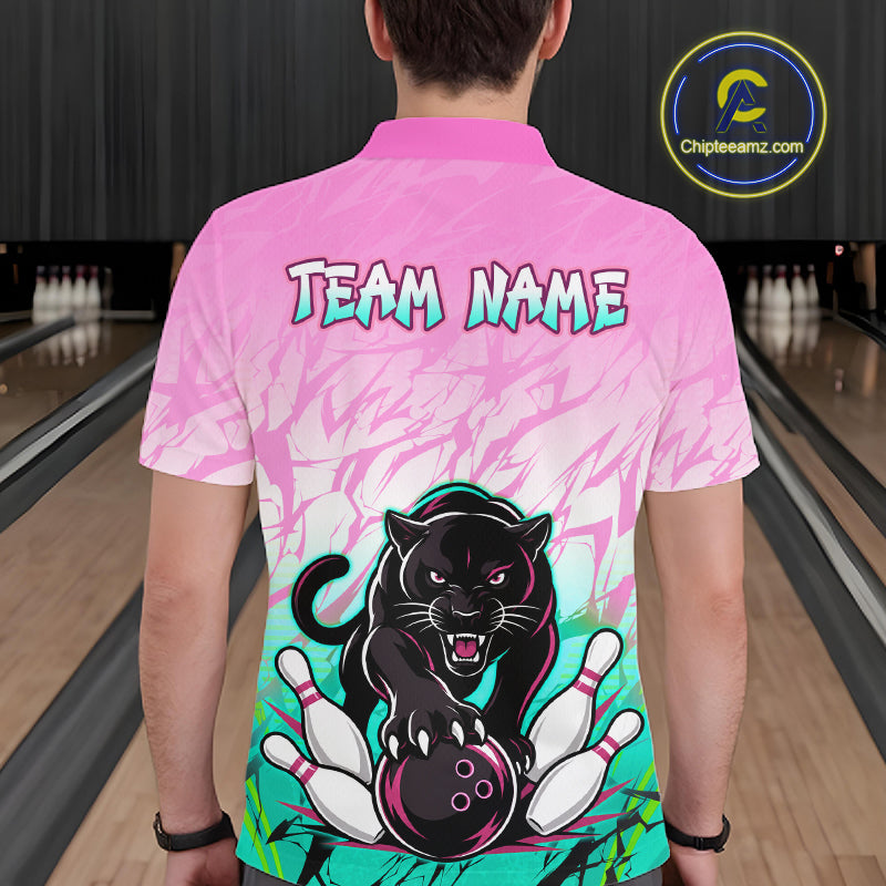 Bowler wearing custom pink and turquoise leopard bowling shirt on the lanes