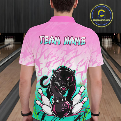 Bowler wearing custom pink and turquoise leopard bowling shirt on the lanes