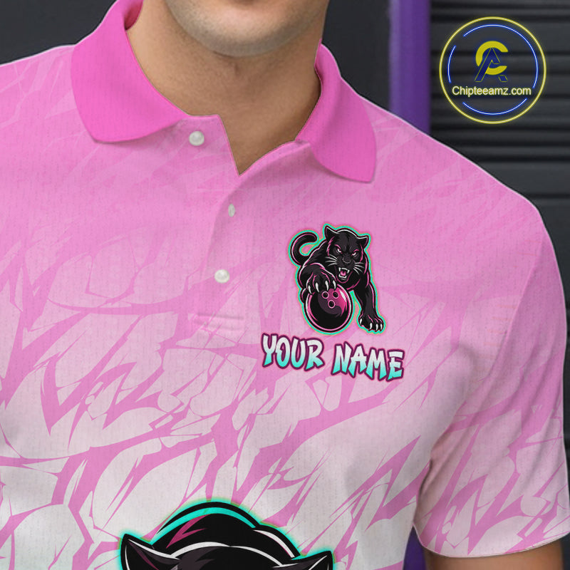 Detail view or back of pink and turquoise leopard bowling polo shirt with custom name on the chest
