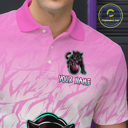 Detail view or back of pink and turquoise leopard bowling polo shirt with custom name on the chest
