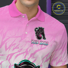 Load image into Gallery viewer, Detail view or back of pink and turquoise leopard bowling polo shirt with custom name on the chest