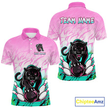 Load image into Gallery viewer, Front and back view of custom pink and turquoise leopard bowling polo shirt for men