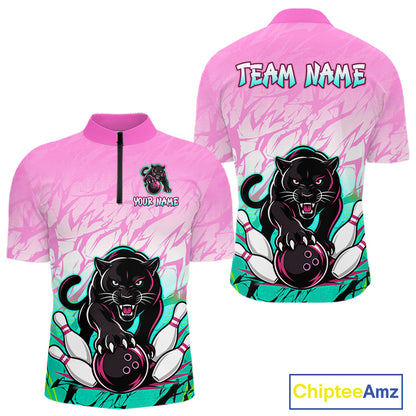 Front and back view of custom pink and turquoise leopard bowling quarter zip shirt for men