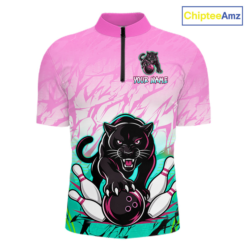 Front and back view of custom pink and turquoise leopard bowling quarter zip shirt for men