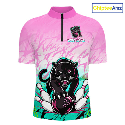 Front and back view of custom pink and turquoise leopard bowling quarter zip shirt for men
