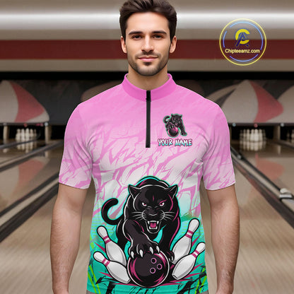 Bowler wearing custom pink and turquoise leopard bowling shirt on the lanes
