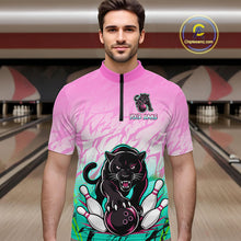 Load image into Gallery viewer, Bowler wearing custom pink and turquoise leopard bowling shirt on the lanes