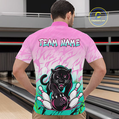 Custom Pink And Turquoise Leopard Bowling Men Polo & 1/4 Quarter Zip Shirt, Bowling League Team Shirt NBT891