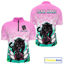 Load image into Gallery viewer, Front and back view of custom pink and turquoise leopard bowling quarter zip shirt for men
