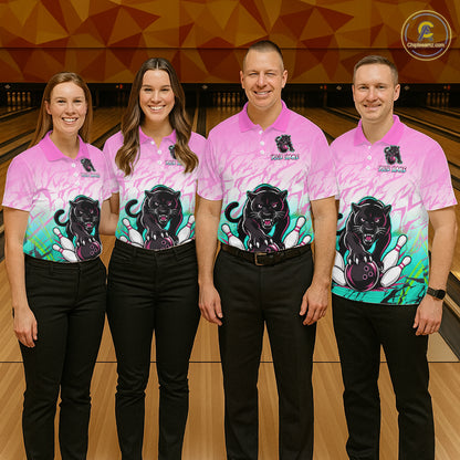 Bowling team wearing matching custom pink and turquoise leopard league shirts with personalized names