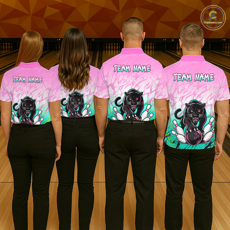 Bowling team wearing matching custom pink and turquoise leopard league shirts with personalized names