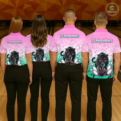 Bowling team wearing matching custom pink and turquoise leopard league shirts with personalized names