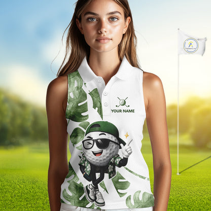 Funny Golf Ball Tropical Pattern Custom Womens Sleeveless Golf Polo Shirts, Golfing Gifts|Green NBT709
