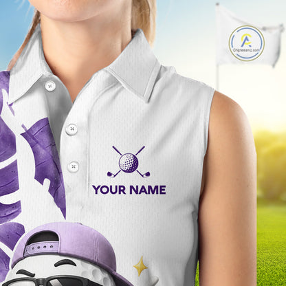 Funny Golf Ball Tropical Pattern Custom Womens Sleeveless Golf Polo Shirts, Golfing Gifts|Purple NBT710