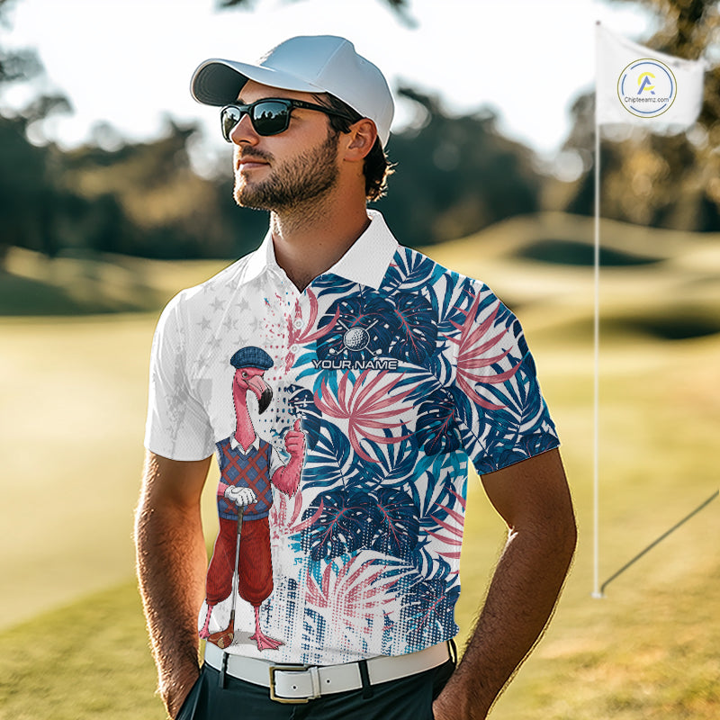 Man wearing a colorful golf shirt with flamingo design on a golf course