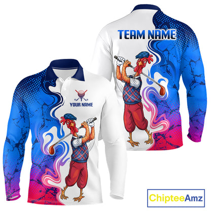 Funny Rooster Camouflage Long Sleeve Golf Polo Shirt Men Front and back View Custom Name