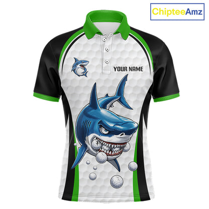 Green White Shark Pattern Mens Golf Polo Shirt Front View Custom Name