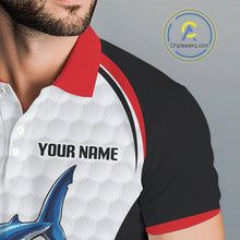 Load image into Gallery viewer, Red White Shark Pattern Mens Golf Polo Shirt Detail View Funny Shark Design