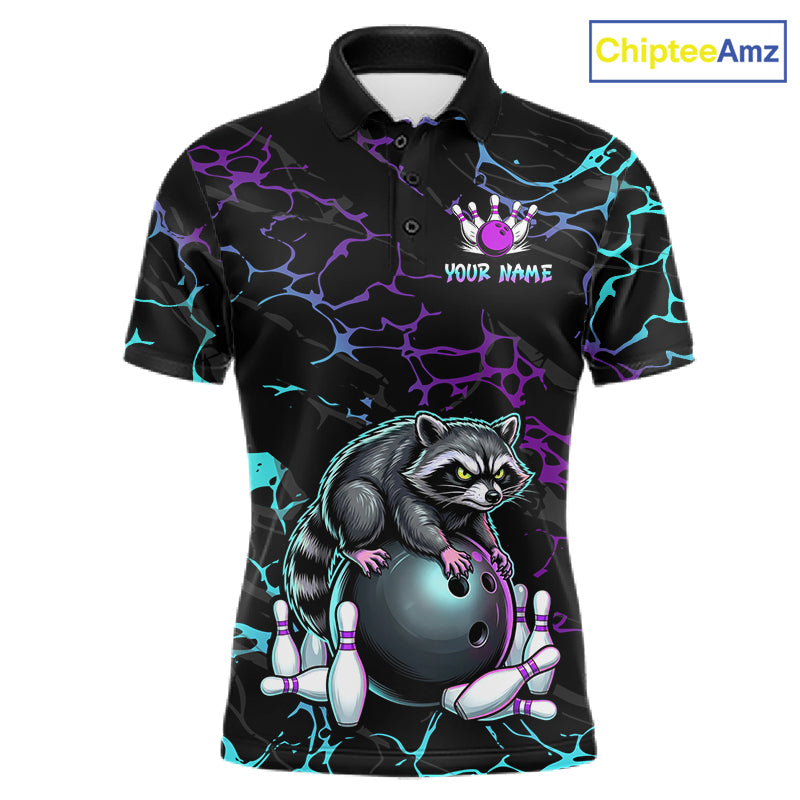 Neon Blue Purple Funny Raccoon Bowling Team Shirt Customized Bowling League Polo & 1/4 Zip Gift For Men NBT893