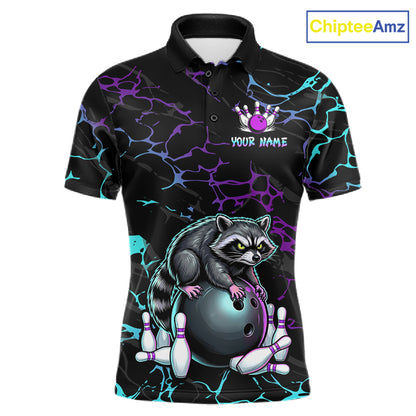 Neon Blue Purple Funny Raccoon Bowling Team Shirt Customized Bowling League Polo & 1/4 Zip Gift For Men NBT893