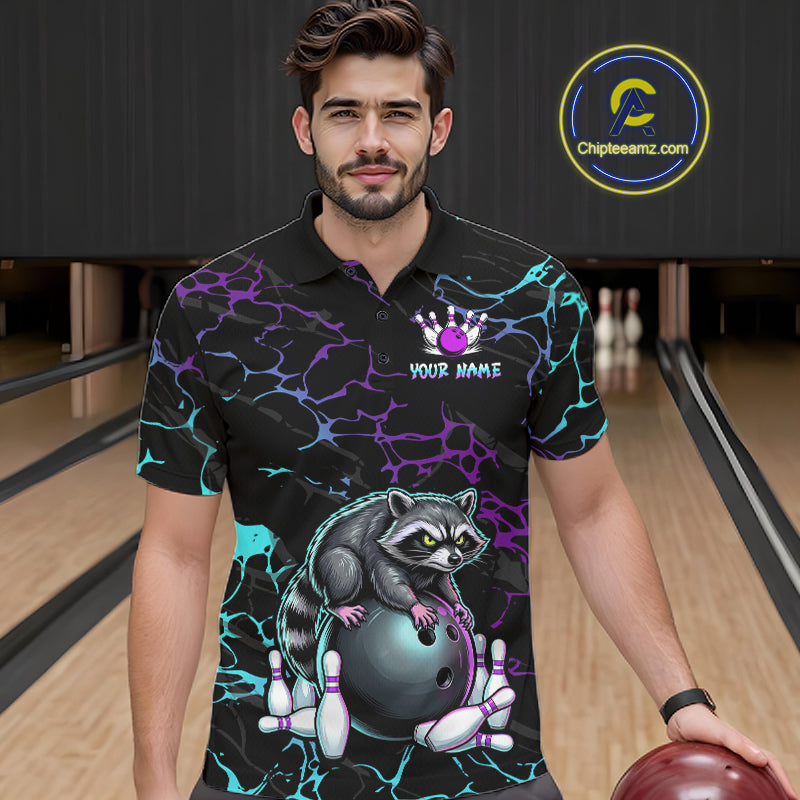 Neon Blue Purple Funny Raccoon Bowling Team Shirt Customized Bowling League Polo & 1/4 Zip Gift For Men NBT893