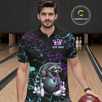 Neon Blue Purple Funny Raccoon Bowling Team Shirt Customized Bowling League Polo & 1/4 Zip Gift For Men NBT893