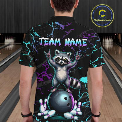 Neon Blue Purple Funny Raccoon Bowling Team Shirt Customized Bowling League Polo & 1/4 Zip Gift For Men NBT893